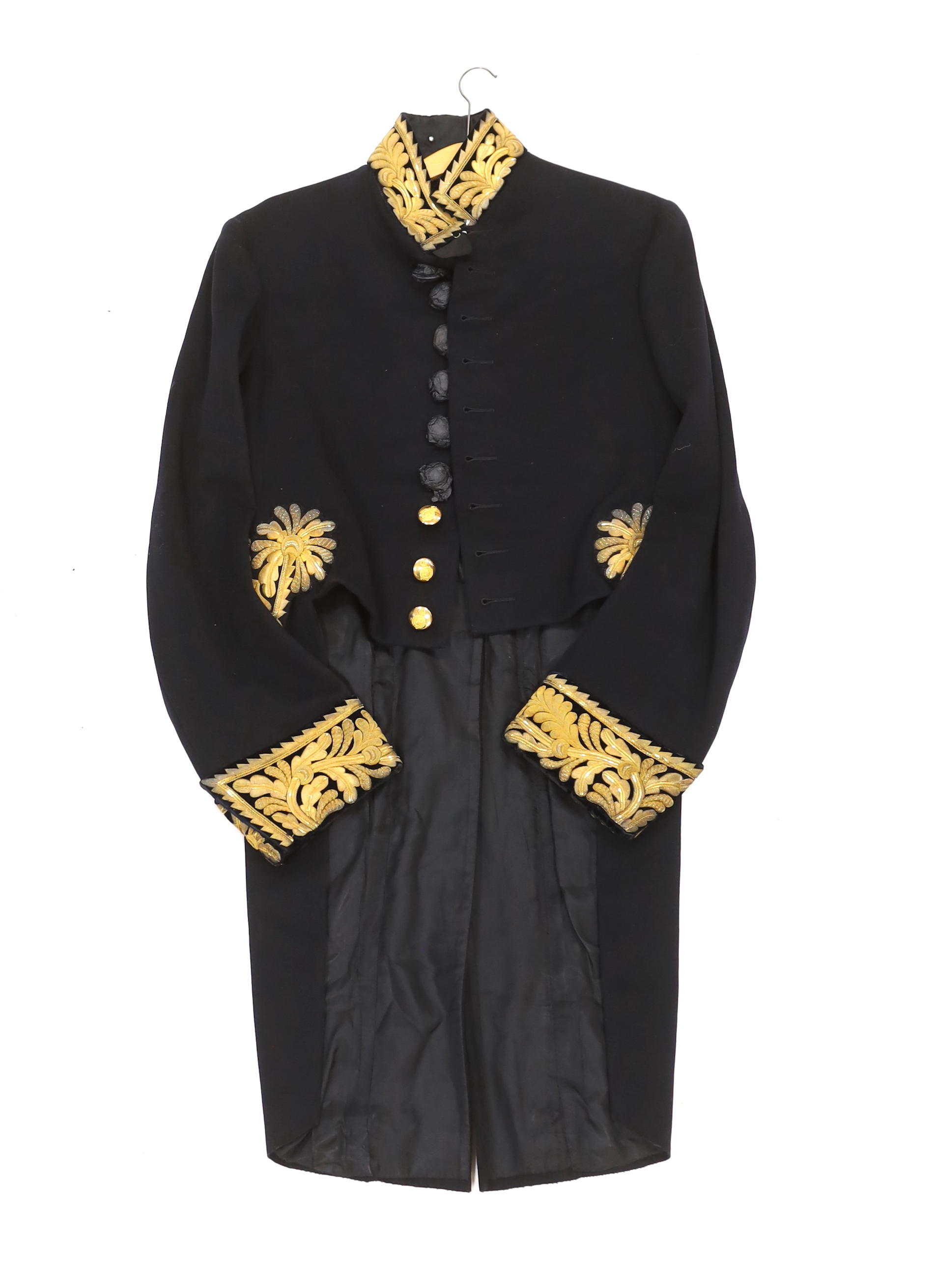 An early 20th century Royal Court tail coat or levee dress with gilt embroidery to collar and cuffs